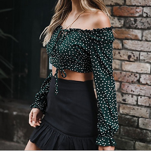 

Жен. Рубашка С открытыми плечами Тонкие Горошек Коричневый M