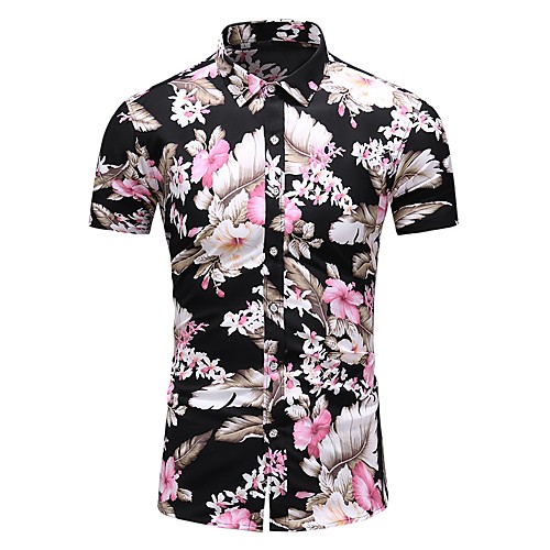 

Men's Plus Size Cotton Slim Shirt - Floral Print Classic Collar Black / Short Sleeve