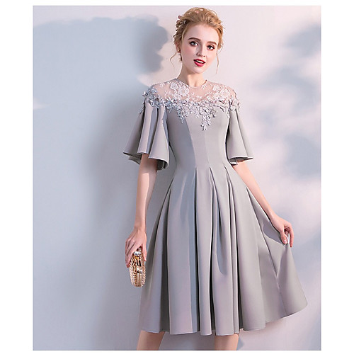 

A-Line Jewel Neck Knee Length Chiffon Bridesmaid Dress with Lace