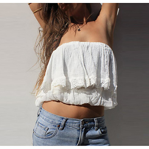 

Жен. Кружева Футболка С открытыми плечами Обтягивающие Однотонный Черный M