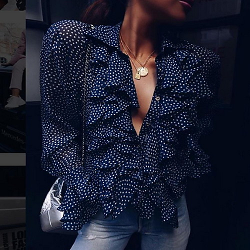 

Жен. Оборки Блуза V-образный вырез Горошек Синий XL