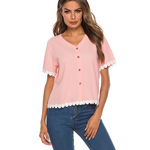 

Жен. Кружева / Пэчворк Рубашка V-образный вырез Однотонный / Полоски Красный M