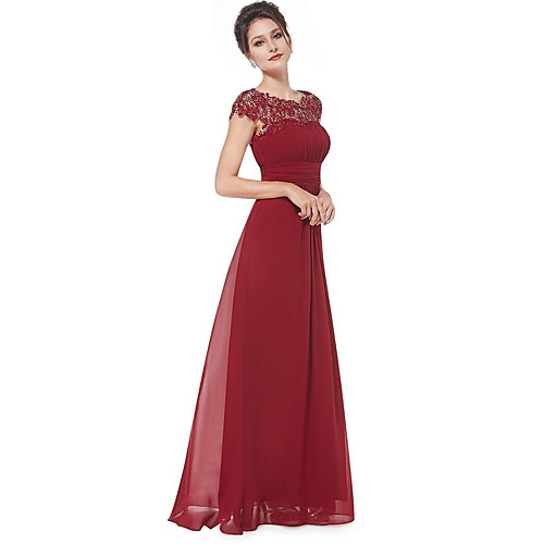 

A-Line Boat Neck Floor Length Chiffon / Lace Empire / Red Prom / Wedding Guest Dress with Pleats / Lace Insert 2020