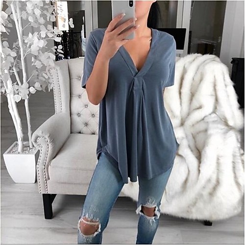 

2020 Hot Sale T-shirts Women's Loose T-shirt - Solid Colored V Neck Gray XXXL Camisas Mujer Chemise Femme