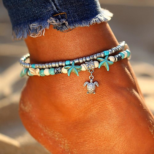

Women's Turquoise Ankle Bracelet feet jewelry Layered Double Turtle Starfish Ladies Bohemian Ethnic Fashion Boho Anklet Jewelry Silver / Elephant / Tree For Going out Beach Bikini