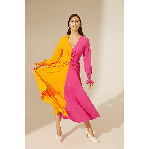 

Жен. Элегантный стиль С летящей юбкой Платье - Контрастных цветов, Оборки Макси