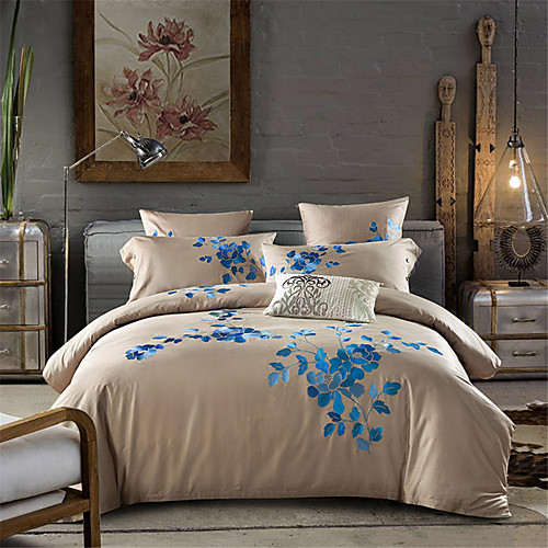 

Пододеяльник наборы Однотонный / Цветочный принт Хлопок Вышивка 4 предметаBedding Sets