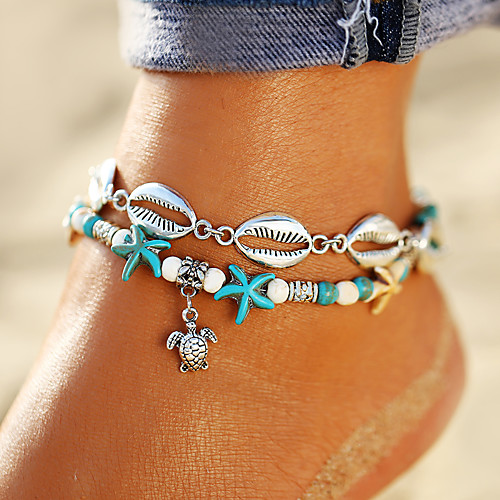 

Women's Turquoise Ankle Bracelet feet jewelry Double Layered Turtle Starfish Shell Bohemian Trendy Anklet Jewelry Silver For Daily Holiday