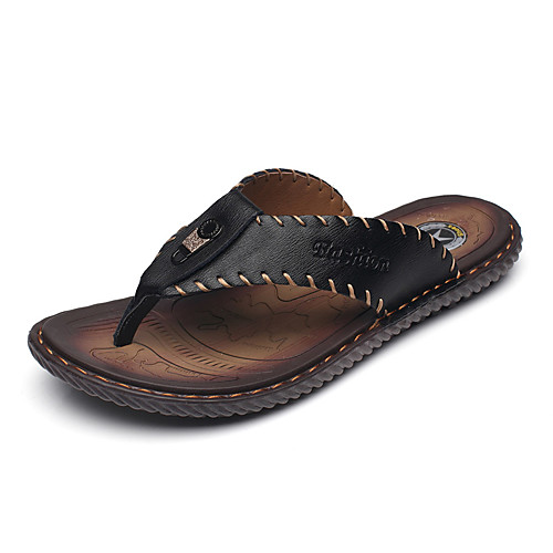 

Men's Cowhide Fall / Spring & Summer Casual Slippers & Flip-Flops Breathable Color Block Black / Dark Blue