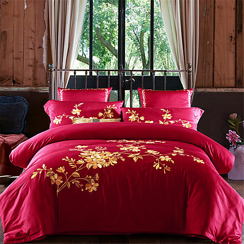 

Пододеяльник наборы Однотонный / Цветочный принт Хлопок Вышивка 4 предметаBedding Sets