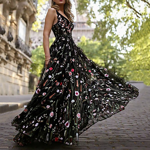 

A-Line V Neck Floor Length Organza / Tulle Empire / Black Holiday / Beach Dress with Pattern / Print 2020