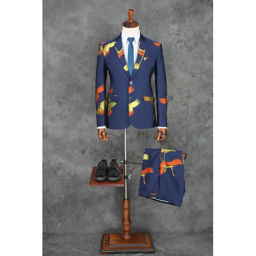 

Blue Patterned Standard Fit Cotton / Polyester Suit - Notch Single Breasted Two-buttons / Suits