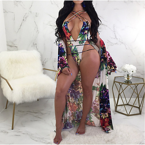 

Жен. Белый Розовый Цвет радуги Накидка Купальники - Цветочный принт L XL XXL Белый