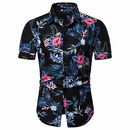 

Men's Holiday Going out Casual / Daily Basic / Street chic EU / US Size Cotton Shirt - Floral / Graphic Print Classic Collar Rainbow / Short Sleeve / Beach