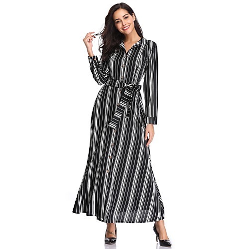 

Жен. Классический С летящей юбкой Платье - Полоски, Шнуровка Макси