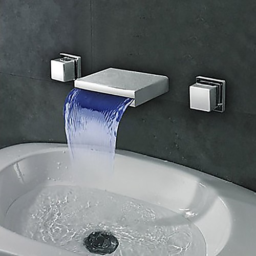 

Bathroom Sink Faucet - Waterfall / LED Chrome Wall Mounted Two Handles Three HolesBath Taps