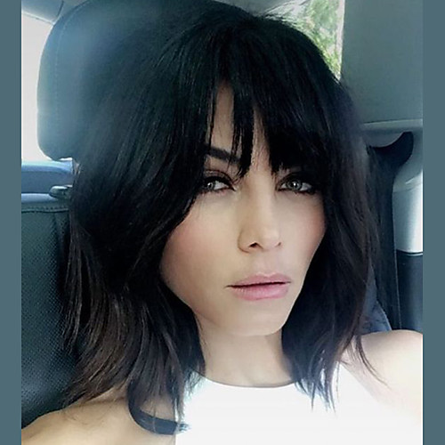 

Human Hair Wig Medium Length Bouncy Curl Loose Curl Bob Asymmetrical Black Natural Black Life Hot Sale Fashion Capless Women's Natural Black 12 inch / Natural Hairline / Natural Hairline