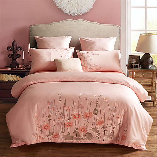 

Пододеяльник наборы Однотонный / Цветочный принт Хлопок Вышивка 4 предметаBedding Sets