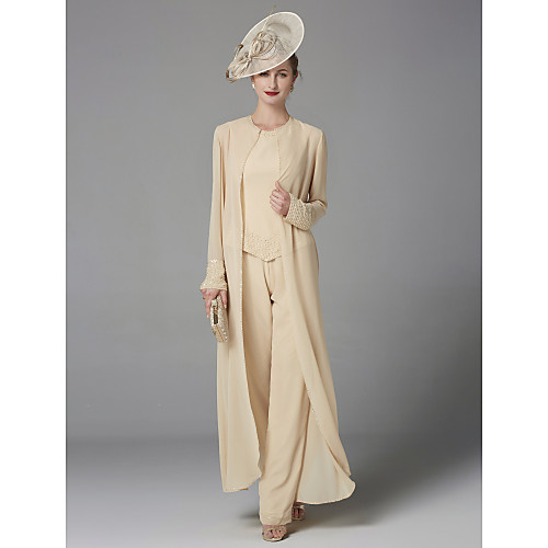

Pantsuit / Jumpsuit Bateau Neck Floor Length Chiffon Sleeveless Plus Size / Elegant Mother of the Bride Dress with Beading / Appliques 2020