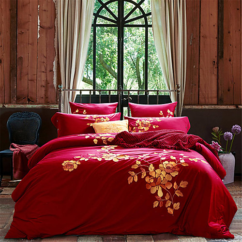 

Пододеяльник наборы Однотонный / Цветочный принт Хлопок Вышивка 4 предметаBedding Sets