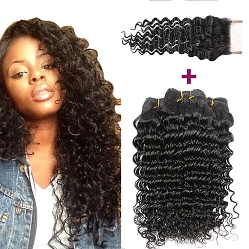 

3 комплекта с закрытием Бразильские волосы Крупные кудри 100% Remy Hair Weave Bundles Человека ткет Волосы Удлинитель Пучок волос 8-20 дюймовый Естественный цвет Ткет человеческих волос Sexy Lady