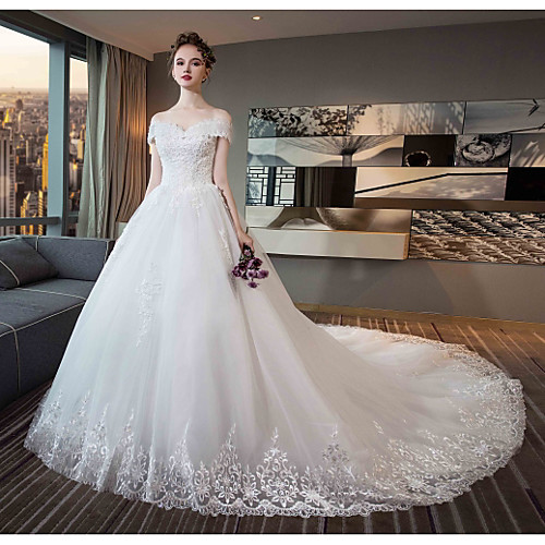

Ball Gown Off Shoulder Chapel Train Tulle / Lace Over Satin Short Sleeve Formal Sparkle & Shine Made-To-Measure Wedding Dresses with Beading / Crystals / Lace 2020