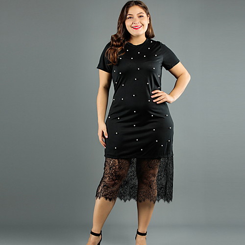 

Жен. Прямое Платье - Однотонный, Кружева Средней длины