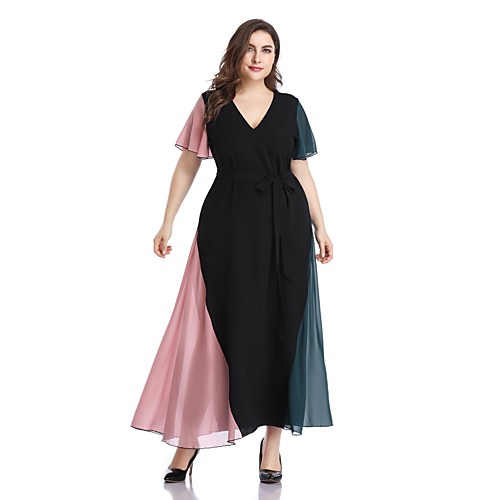 

Жен. С летящей юбкой Платье - Геометрический принт Контрастных цветов, Сетка Пэчворк Макси