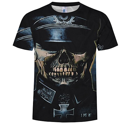 

Men's Plus Size Cotton T-shirt - Skull Print Round Neck Black