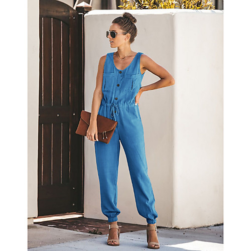 

Women's Black Blushing Pink Blue Harem Jumpsuit Onesie, Solid Colored Ruffle / Fashion / Button S M L Spring Summer Fall / Winter
