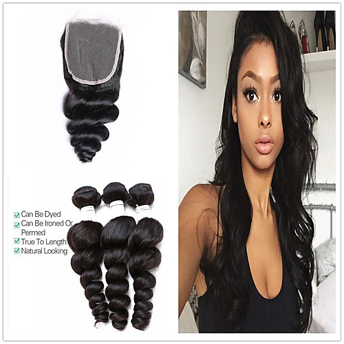 

3 комплекта с закрытием Бразильские волосы Свободные волны 100% Remy Hair Weave Bundles Человека ткет Волосы Пучок волос One Pack Solution 8-20 дюймовый Естественный цвет Ткет человеческих волос Sexy