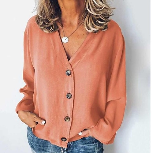 

Women's Blouse - Solid Colored Fashion / Button V Neck Black / Spring / Summer / Fall / Winter