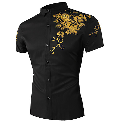 

Men's Cotton Shirt - Floral Print Classic Collar Black