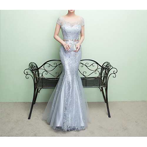 

Русалка Совок шеи В пол Тюль Платье с Аппликации / Пояс / лента от LAN TING Express