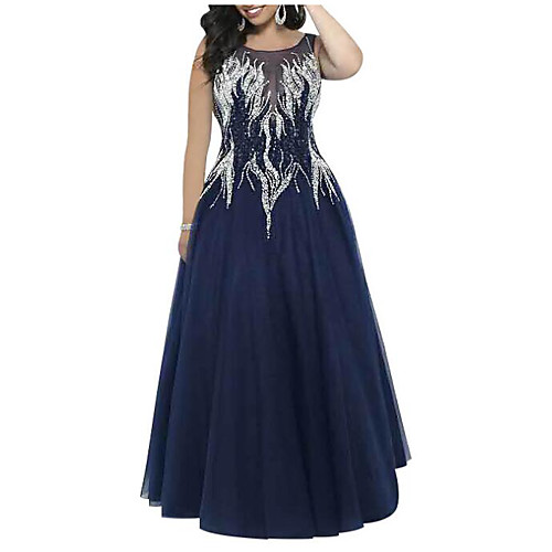 

A-Line Jewel Neck Floor Length Tulle / Sequined See Through / Color Block Formal Evening Dress 2020 with Sequin / Embroidery