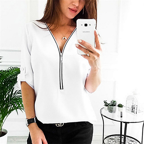 

Women's Basic Shirt - Solid Colored Patchwork V Neck Wine