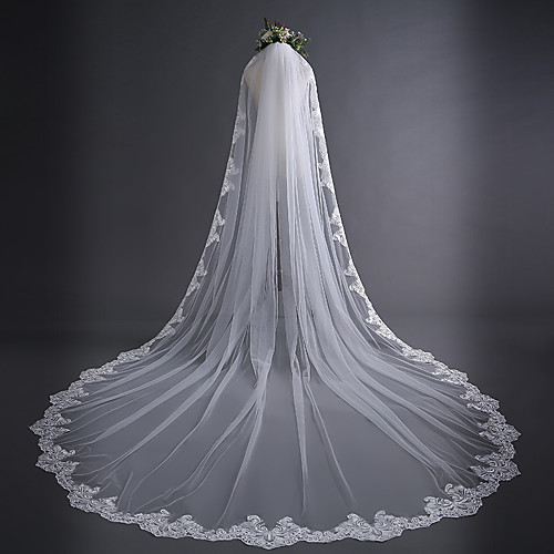 

One-tier Lace Applique Edge / Classic Wedding Veil Cathedral Veils with Appliques 118.11 in (300cm) Lace / Tulle / Oval