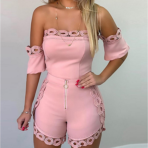 

Women's Black White Blushing Pink Romper Onesie, Solid Colored Lace / Fashion / Off Shoulder S M L Spring Summer Fall / Winter