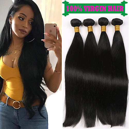 

4 Связки Бразильские волосы Прямой 100% Remy Hair Weave Bundles Человека ткет Волосы Пучок волос Накладки из натуральных волос 8-28 дюймовый Естественный цвет Ткет человеческих волос / Без запаха