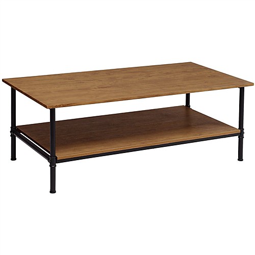 

простой металлический деревянный журнальный столик с нижней полкой для хранения
