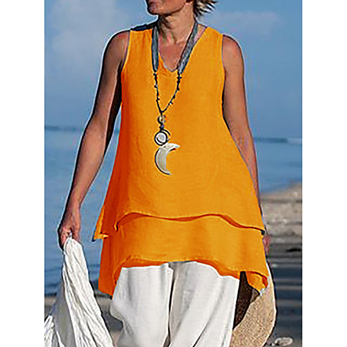 

Жен. Оборки Большие размеры - Блуза V-образный вырез Свободный силуэт Однотонный Оранжевый