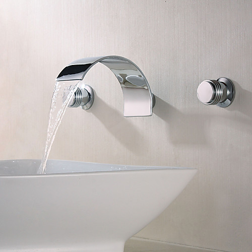 

Bathroom Sink Faucet-Handle Faucet Separate Waterfall Chrome Wall Mount Two Handle Three Hole Bathroom Faucet