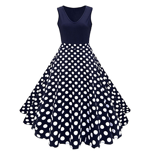 

Women's Plus Size Vintage 1950s A Line Dress - Polka Dot Floral Print V Neck Summer Cotton Navy Blue Rainbow Royal Blue XXXL XXXXL XXXXXL