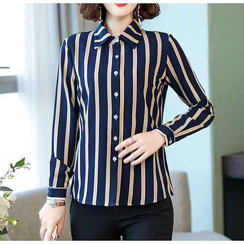 

Жен. Большие размеры - Блуза Рубашечный воротник Полоски Синий XXL