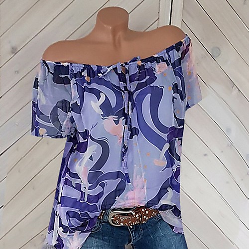 

Women's Plus Size Slim T-shirt - Geometric Off Shoulder Purple