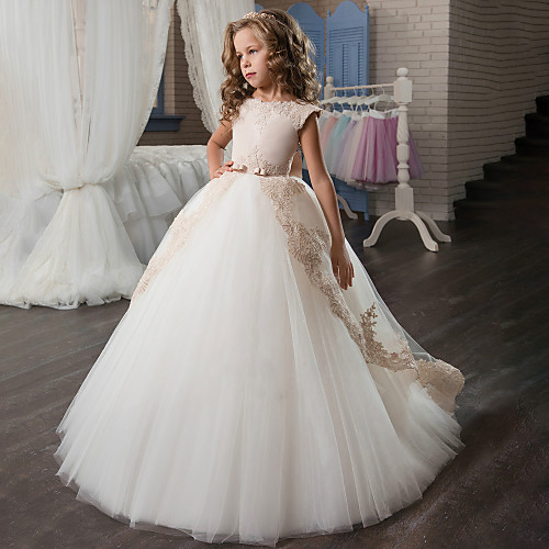 

Princess Sweep / Brush Train Wedding / Birthday / Pageant Flower Girl Dresses - Cotton / Lace / Tulle Cap Sleeve Jewel Neck with Lace / Bow(s) / Embroidery