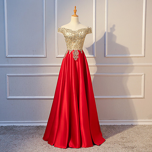 

A-Line Off Shoulder Floor Length Satin Elegant Formal Evening / Wedding Party Dress 2020 with Beading / Pleats