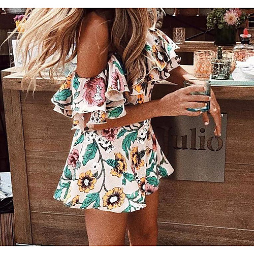 

Жен. Активный / Уличный стиль Белый Комбинезоны, Цветочный принт Оборки M L XL