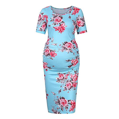 

Жен. Классический Футболка Платье - Цветочный принт, С принтом До колена