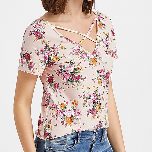 

Жен. Футболка V-образный вырез Тонкие Цветочный принт Бежевый M